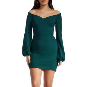 Dress the Population Sheath Long Sleeve Mini Dress M Green V-Neck Bodycon NWT